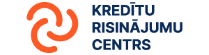 Логотип Risini.lv с надписью крупными буквами KREDĪTU RISINĀJUMU CENTRS и оранжевым вихрем