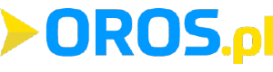 Logo Oros - napis "oros.pl" niebieskimi i żółtymi literami z symbolem kursora przed napisem.