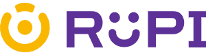 Logo Rupi - nazwa RUPI z symbolem przed nazwą i uśmiechniętą buźką zamiast „u”.